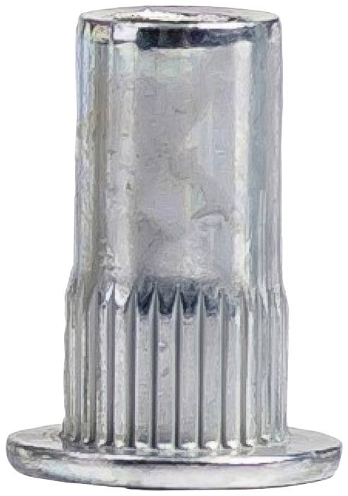 Metal rivet with a ribbed shaft and flat head, side view. Used for fastening or reinforcement in materials.
