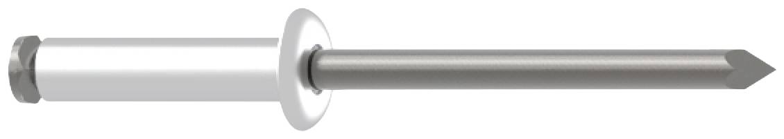 A metal blind rivet with a silver head and black shaft. Suitable for secure connections in thin materials.