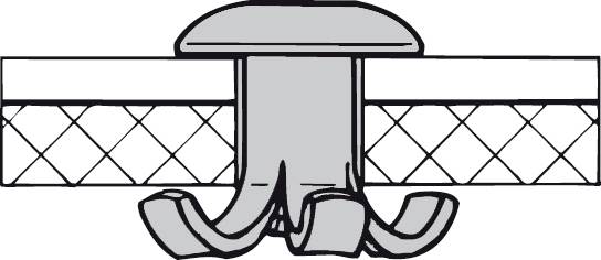 Graphic shows a spout being pressed into a metal sheet. Four legs spread apart on the underside for fastening.