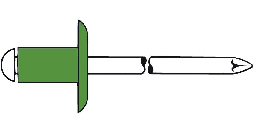 Cross-section of a blind rivet: on the left the green rivet body, on the right the mandrel. Shows the construction of a riveted connection element.
