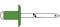 The image depicts a green blind rivet with a pin, consisting of a curved head and a thin, elongated shaft.