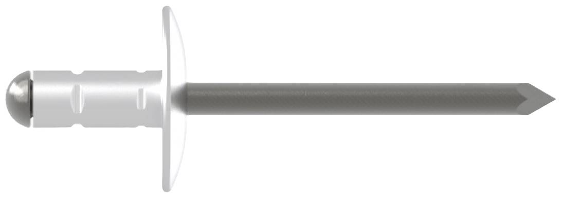 A silver blind rivet with a wide head and long shaft on a white background.