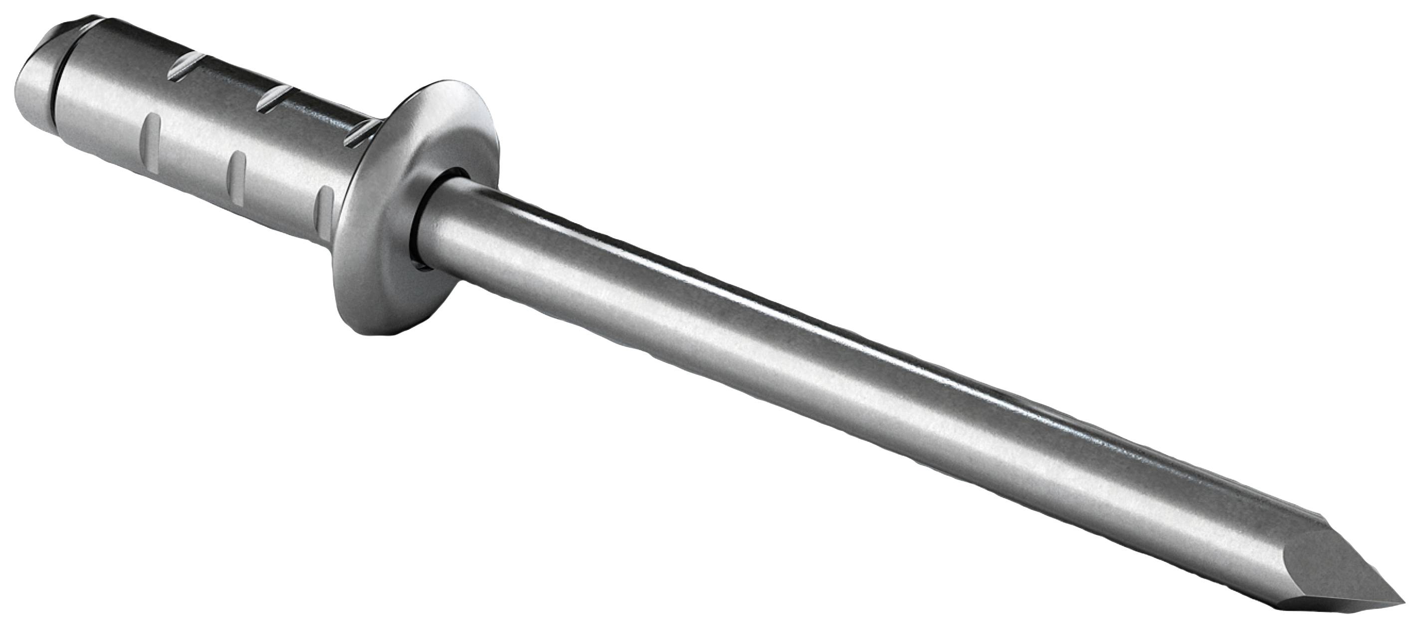 A silver metal ground spike with a flat head and sharp end, suitable for securing materials into the ground.