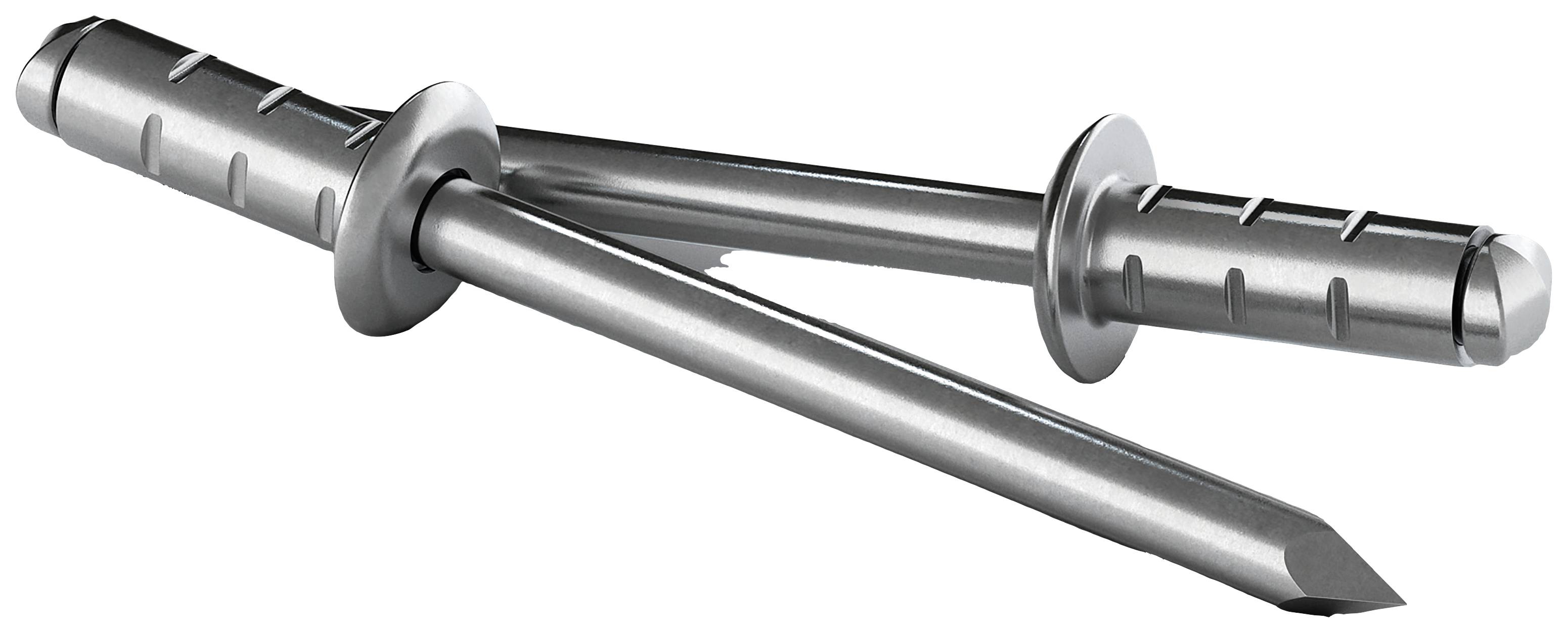 Two silver metal nails with broad flat heads and serrated shafts, depicted in a crossed arrangement.