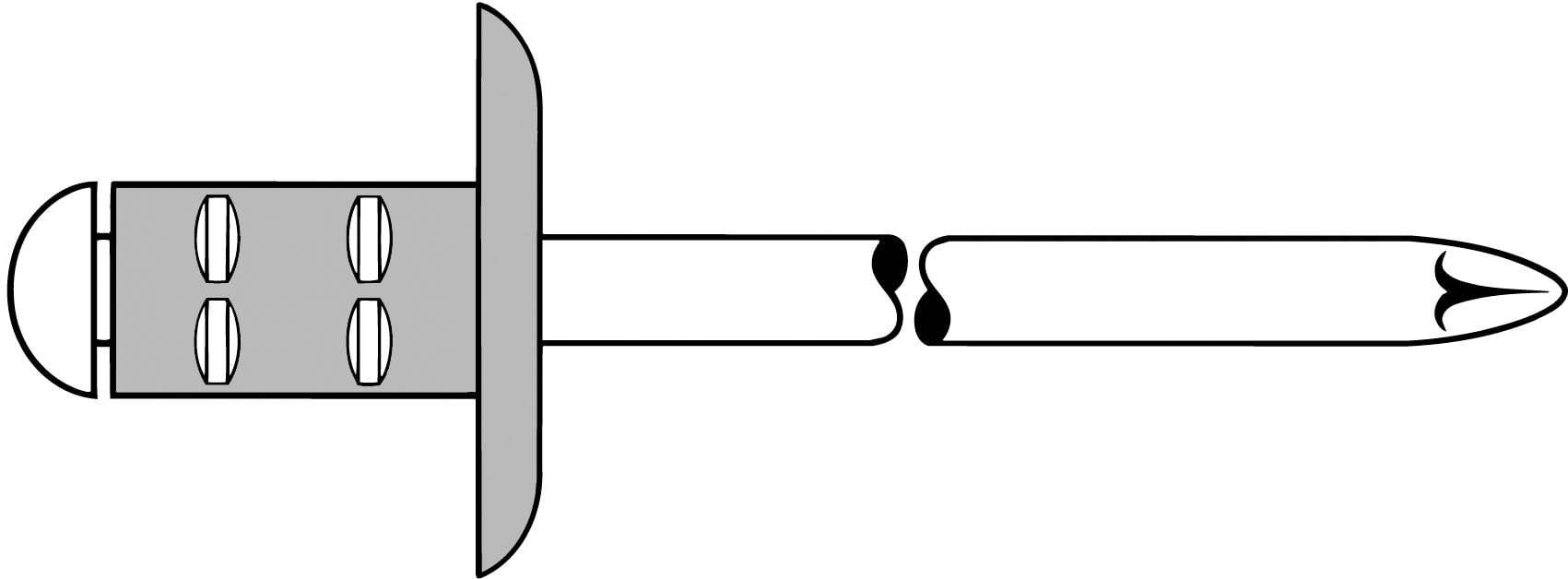 Diagram of a blind rivet showing components: mandrel and sleeve section. Illustrates functioning when fastening.<br><br>Diagram of a pop rivet showing components: mandrel and sleeve section. Illustrates the mechanism of attachment.
