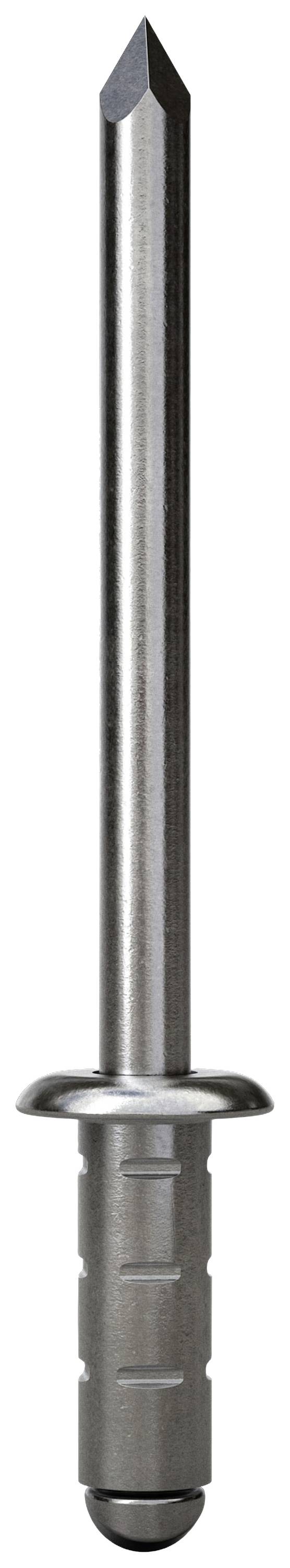 A silver blind rivet with a round head and narrow shaft. Used in metalwork for joining materials.<br><br>(Note: This translation is already essentially in British English and requires minimal changes.)