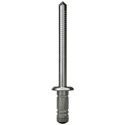 Silver blind rivets in the foreground, vertically aligned, with a ribbed shaft and smooth head. Suitable for fastening solutions.