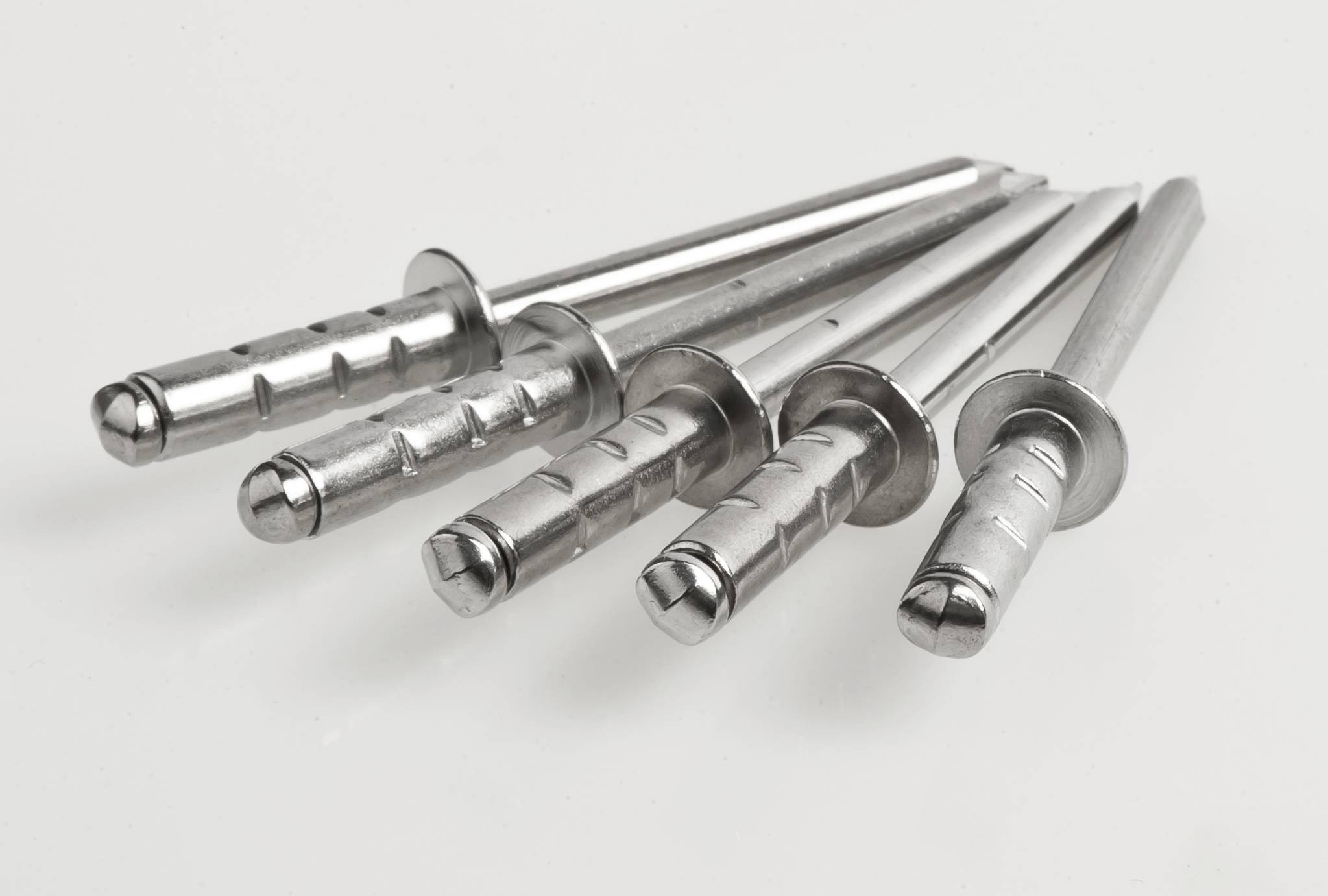 Five silver bolts lie side by side on a white surface, highlighting parallelism and material structure.