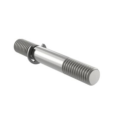 A metal pin with threads at both ends and a smooth central section, set against a white background. It is used in mechanical engineering applications.