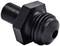 Black machine part with a hexagonal base and a cylindrical, ribbed end.