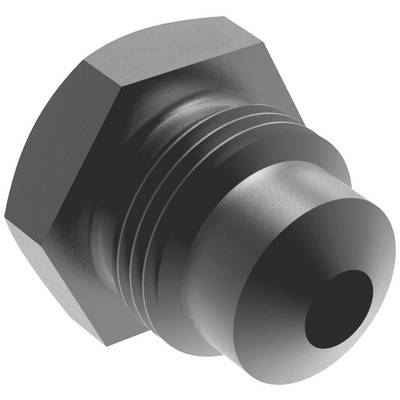 Black and white illustration of a hexagonal metal valve with thread and tapered section.