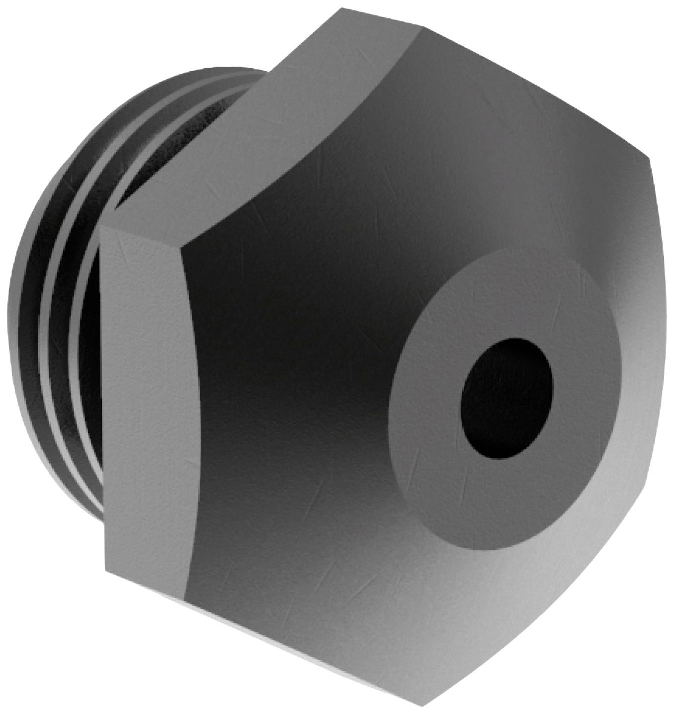 Black, hexagonal component with a central hole and threads, likely a screw cap or fastening element.