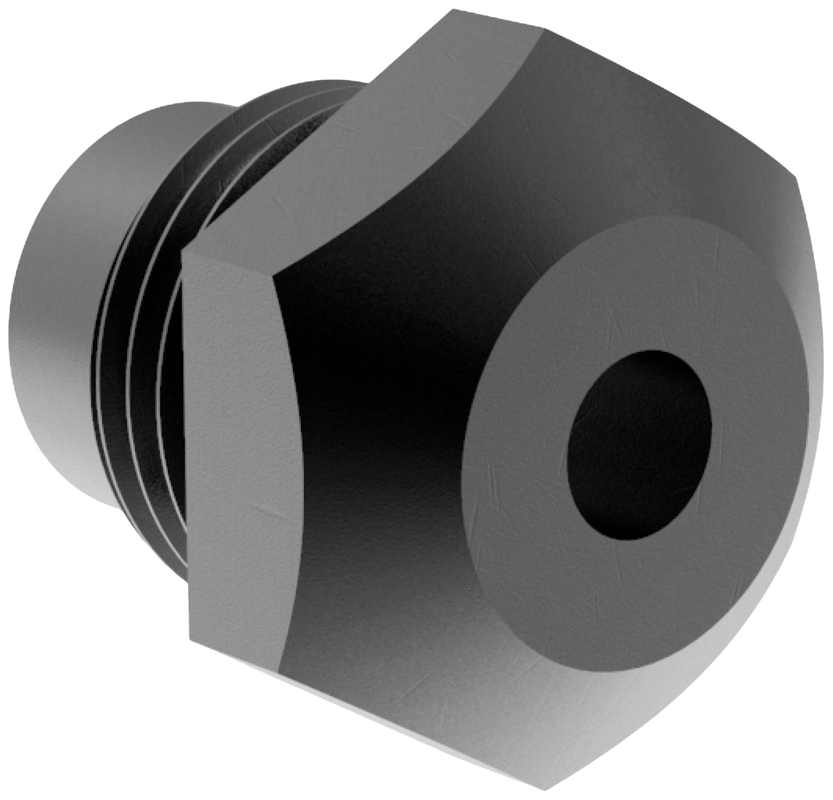 Illustration of a black hexagonal metal screw head with a central hole, set against a white background.