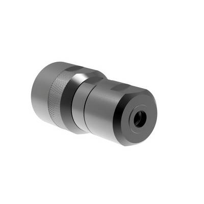 Metal adapter with a cylindrical form, structured grip area, and smooth surface, likely part of a technical device.