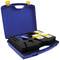 Blue plastic case with handle contains tools and three yellow boxes. Tools and boxes are securely placed in foam padding.