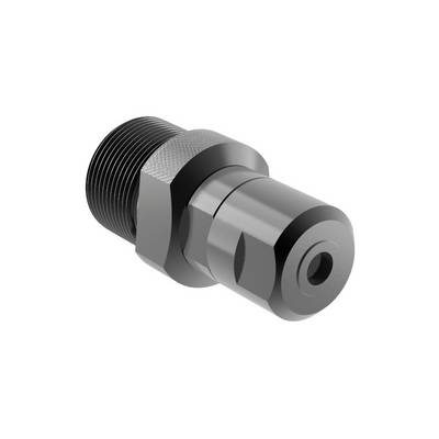 Black metallic mechanical component with a screw thread, cylindrical in shape, with an opening at one end, commonly used in machinery.
