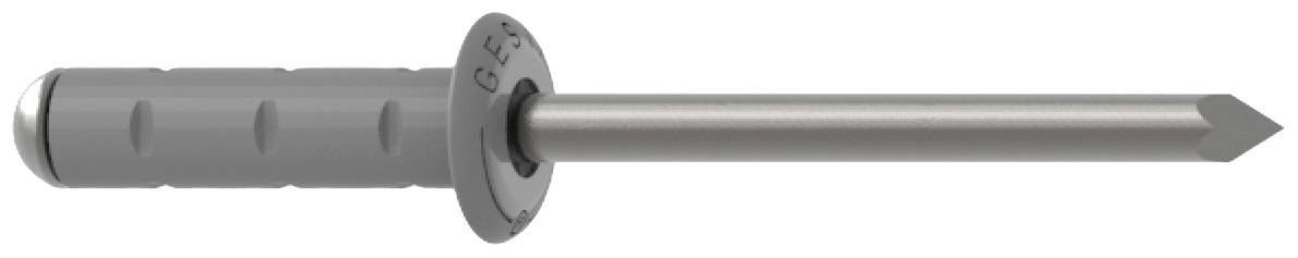 Grey universal wall plug with plastic handle and metal tip, for securing objects in concrete or brick walls.