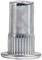 Cylindrical knurled metal nut with a ridged surface that ensures a secure grip.