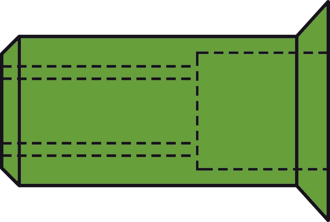 Green paper template with lines and folding instructions for crafting a rectangular 3D object.