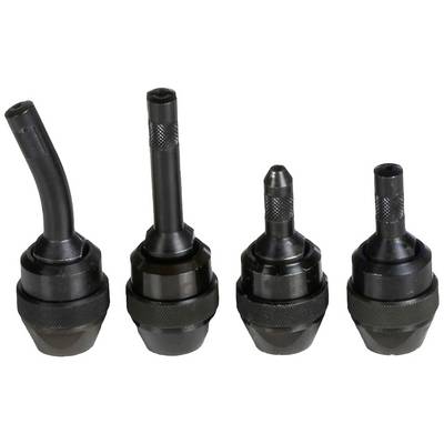 Four different precision drill chuck adapters with varying shank designs. They are manufactured from black metal.