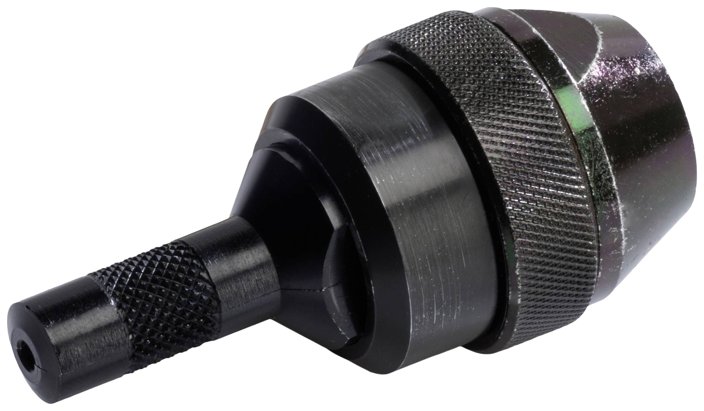 A black tool attachment with a ribbed surface and cylindrical shape, most likely a chuck for machinery.