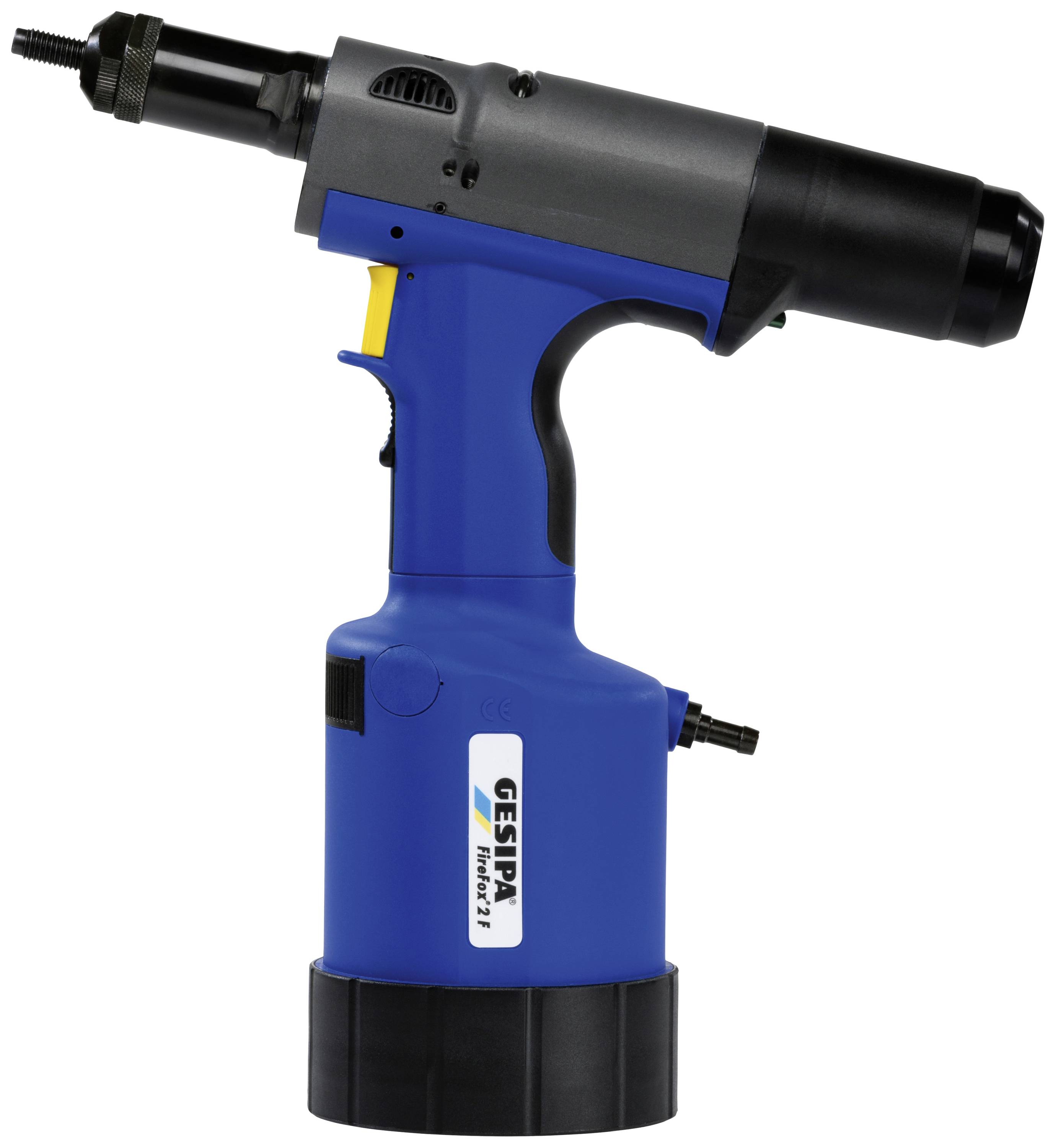 Pneumatic-hydraulic riveting tool in blue and black, side view. Used for fastening rivets in metal or plastic panels.