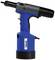 Pneumatic-hydraulic riveting tool in blue and black, side view. Used for fastening rivets in metal or plastic panels.