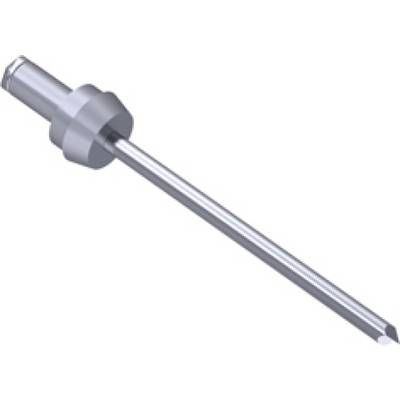 Metal bolt with a round head and a long cylindrical shaft, shown from an angled perspective.