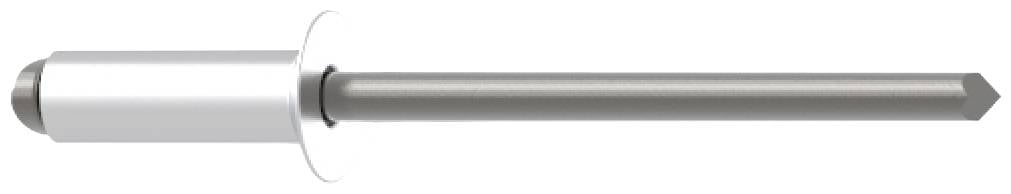 Metal blind rivet with a smooth round head and a long shank. Used for securing workpieces.