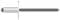 A silver pop rivet with a rounded head and a long, dark stem. Used for connecting materials without direct access to the reverse side.