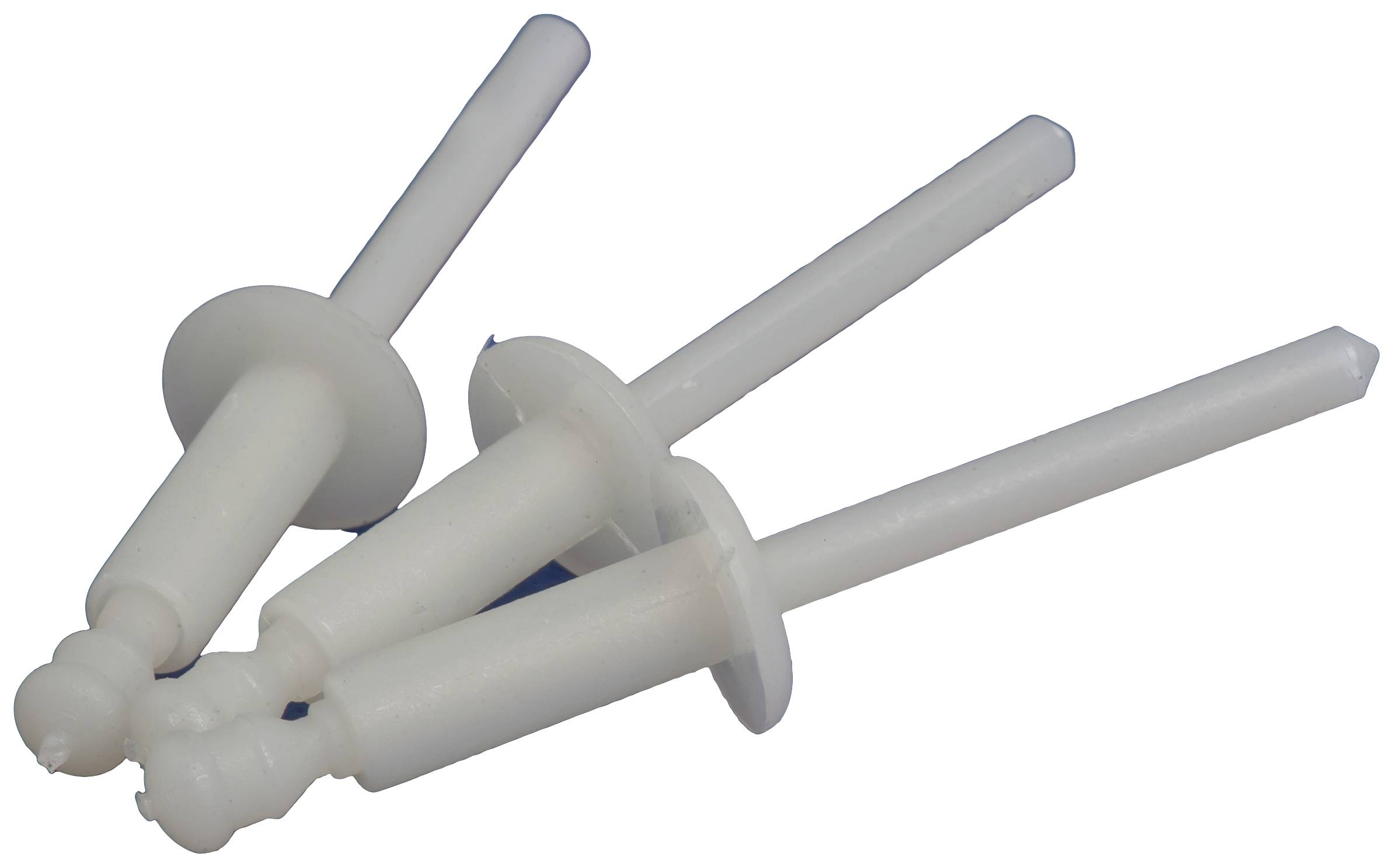 Three white, cylindrical plastic pins with rounded ends and flanges, set against a white background.