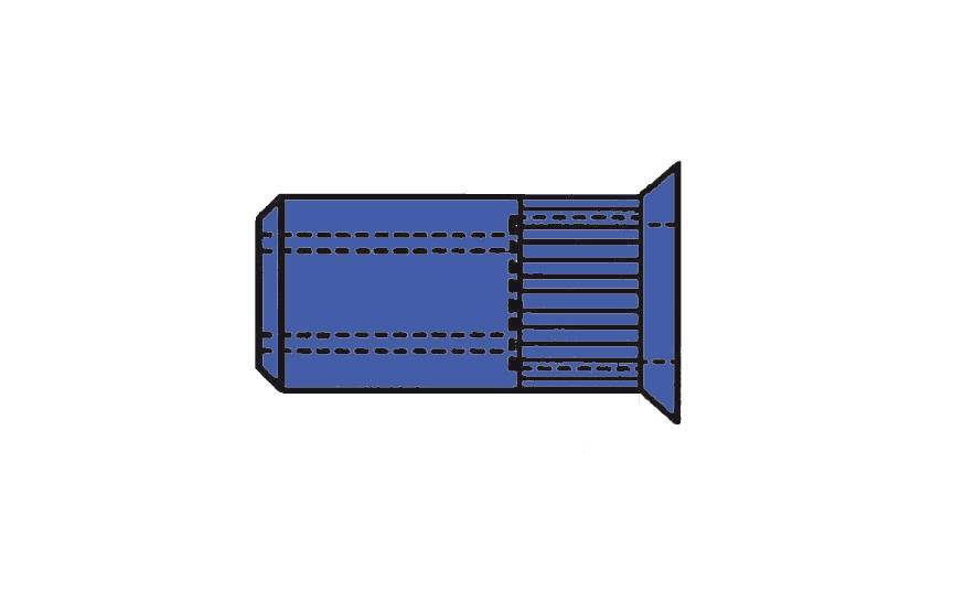 Technical drawing of a blue, cylindrical component with a screw thread on one side and a flange on the other.