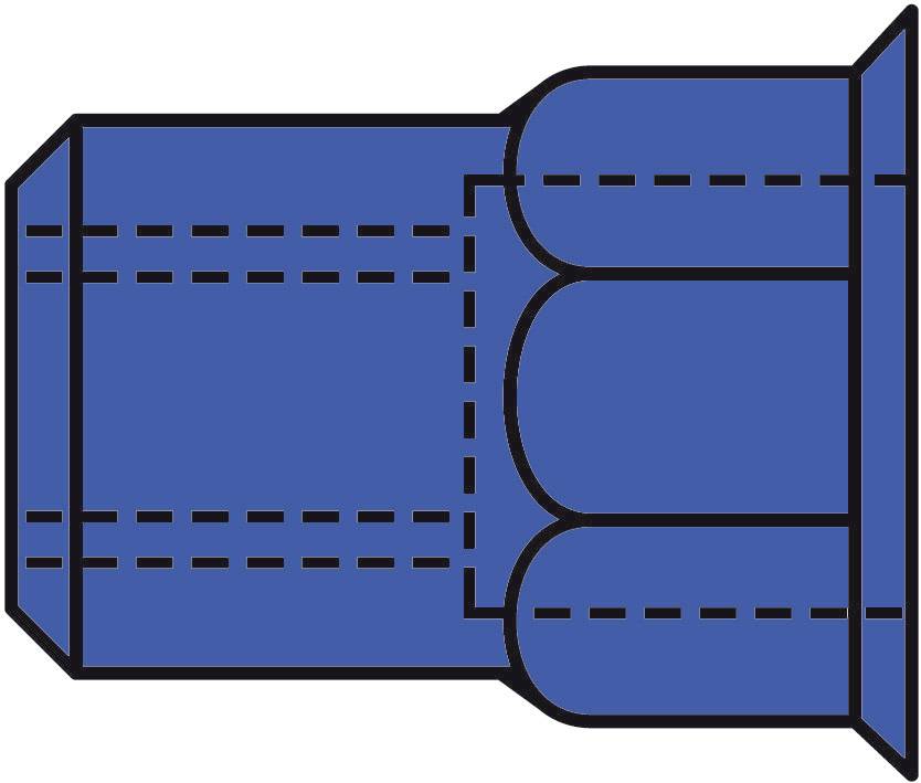 Blue stylised helmet viewed from the right, with black dashed lines highlighting the construction and layers.