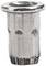 Metal nut with a cylindrical, toothed external thread and a wide, smooth rim on top.