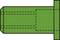 Technical drawing of a green canal pipe with flange. Shows the length, width, and cross-section lines of the pipe.