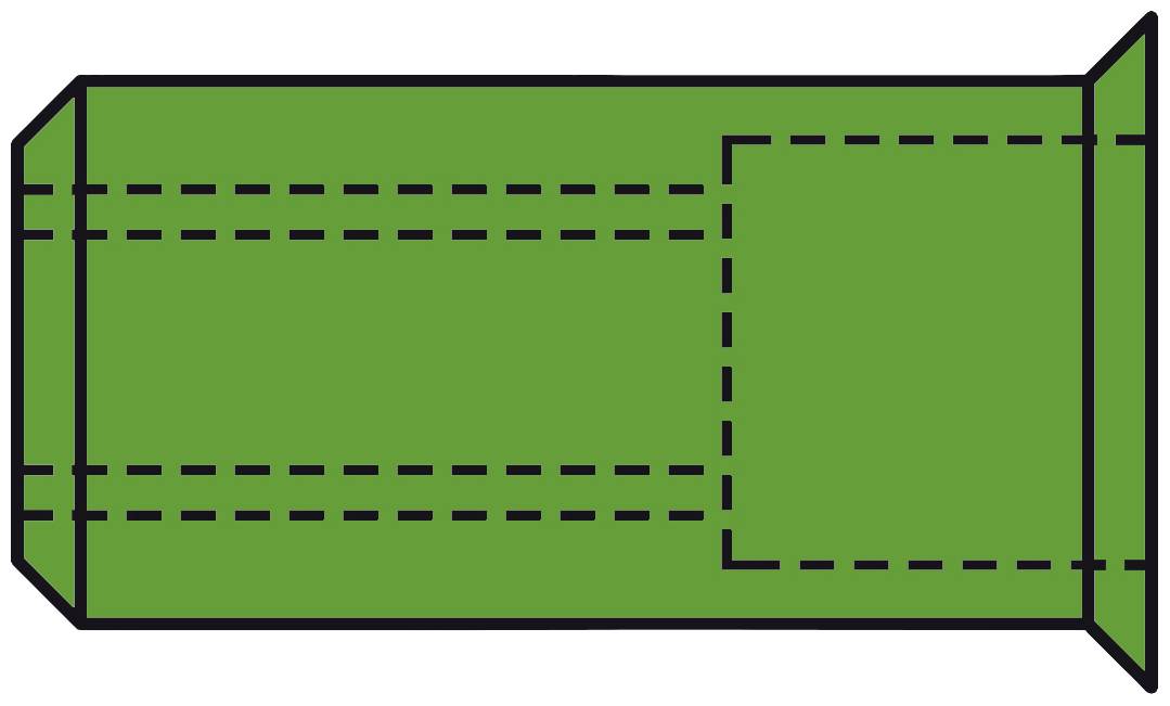 'Paper template for folding a rectangular box with a lid. Solid and dashed lines indicate folding points.'