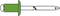 Drawing of a green blind rivet with mandrel. The rivet body on the left and the extractable mandrel on the right are schematically depicted.