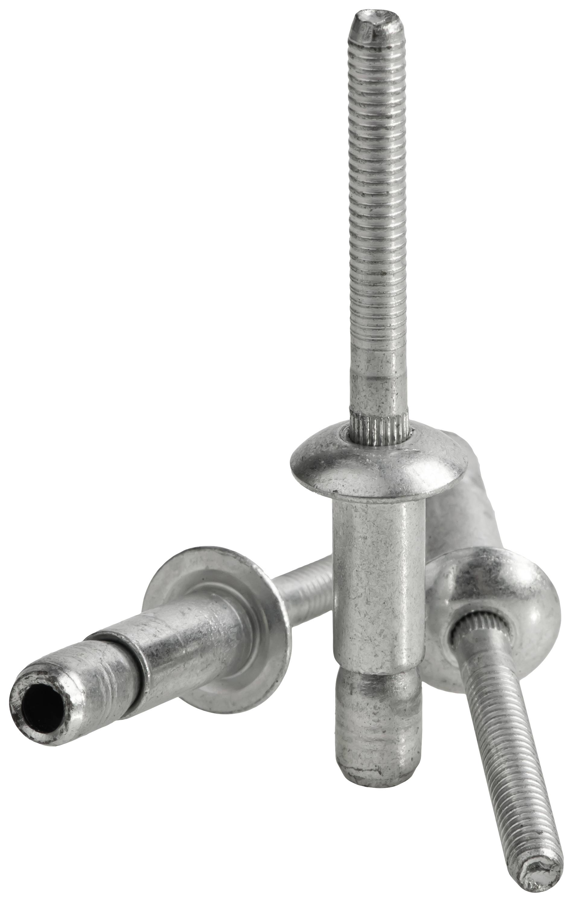 'Three silver blind rivets on a white background. Two standing upright, one lying sideways, detail of the structures visible.'