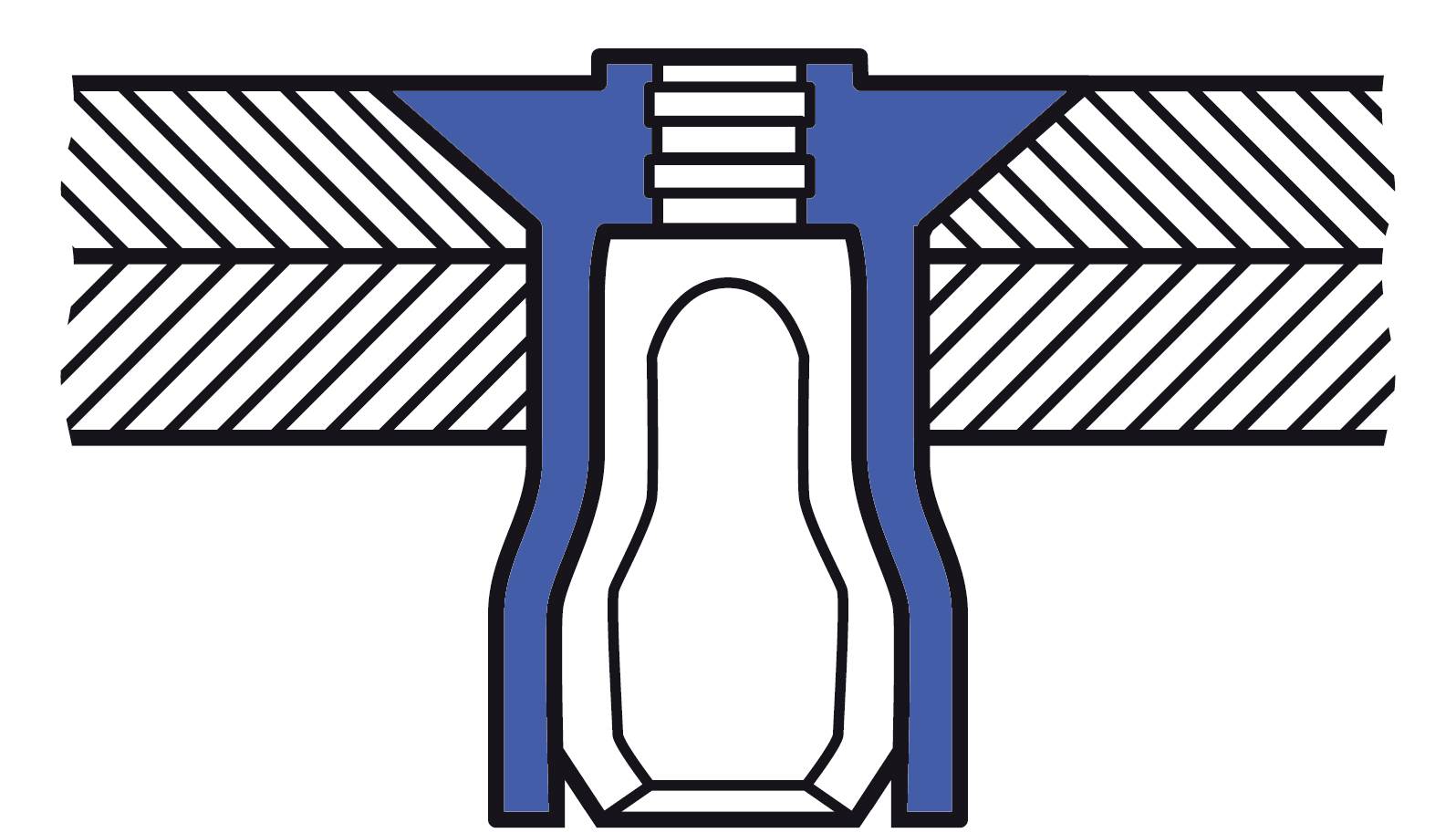 Cross-sectional drawing of a threaded fastener connecting two layers. Screw highlighted in blue.