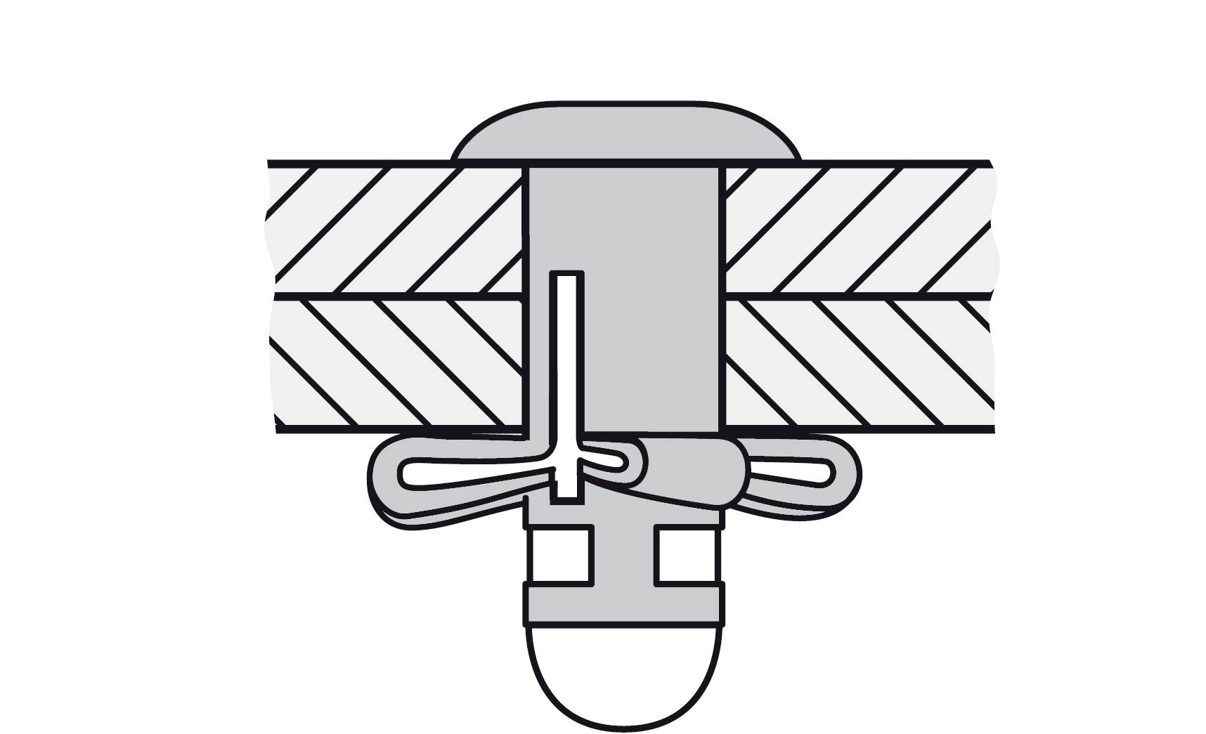 Technical drawing of a dowel mechanism securing two layers. The splayed wings provide stability.