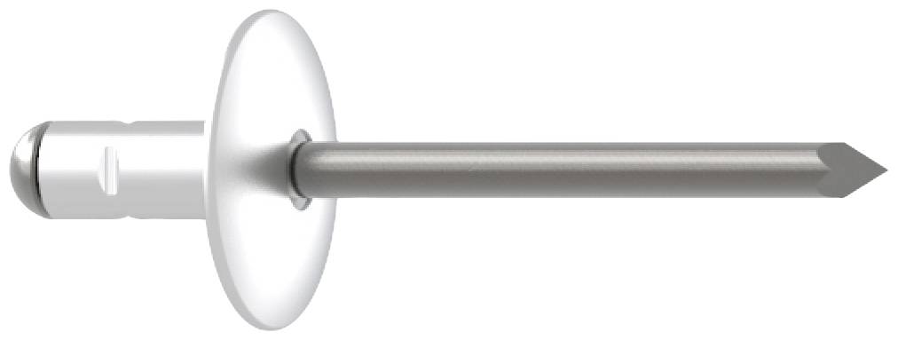 A blind rivet with a metallic shaft and white head, used for joining materials by clamping without access to the reverse side.