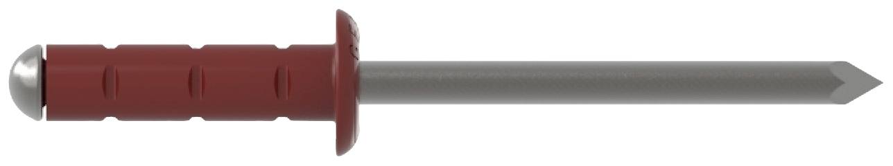 A red wall plug with a long grey metal spike, suitable for securing objects to walls or ceilings.