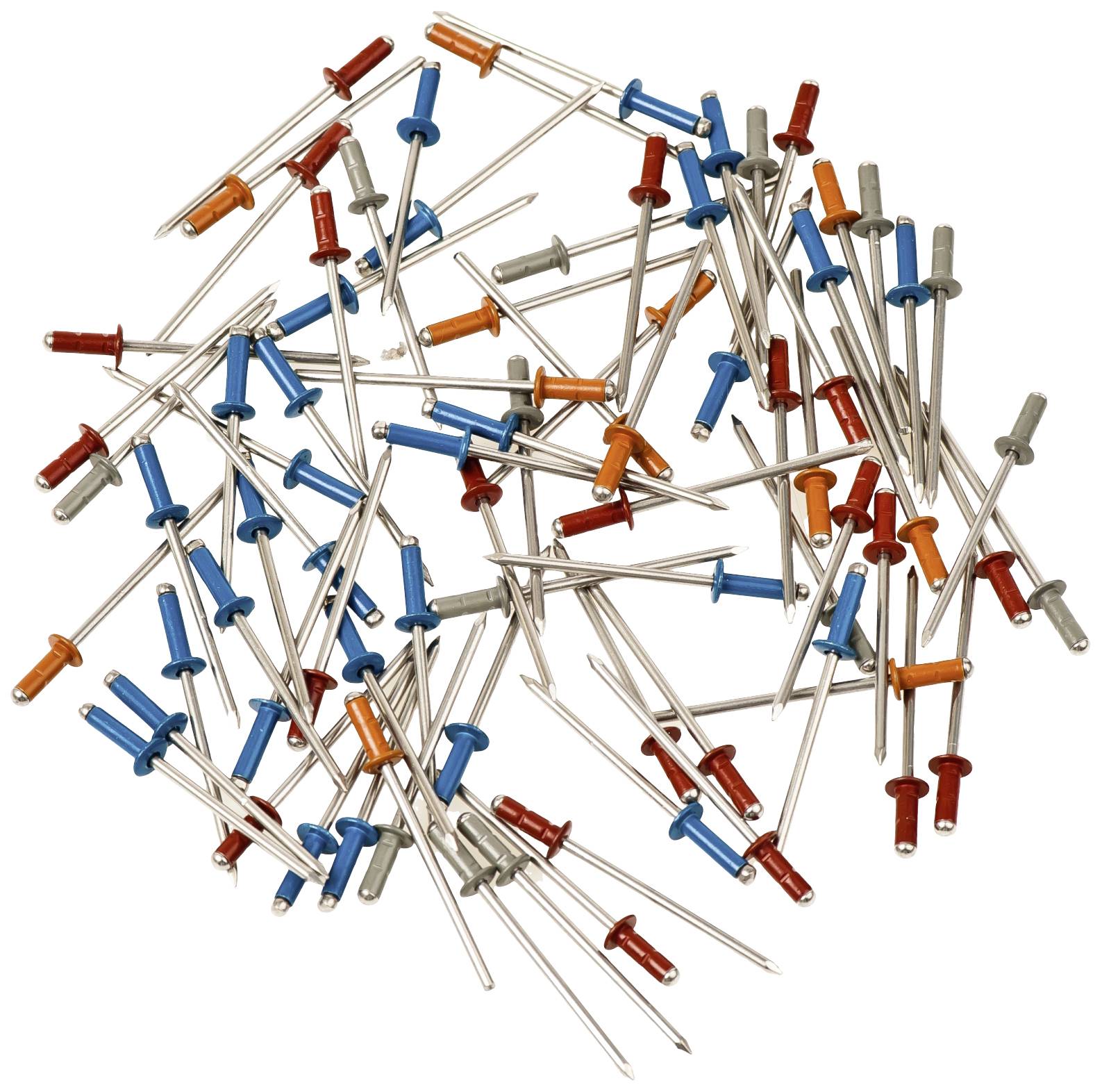 A variety of colourful drawing pins with plastic heads in red, blue, orange, and grey are scattered about.