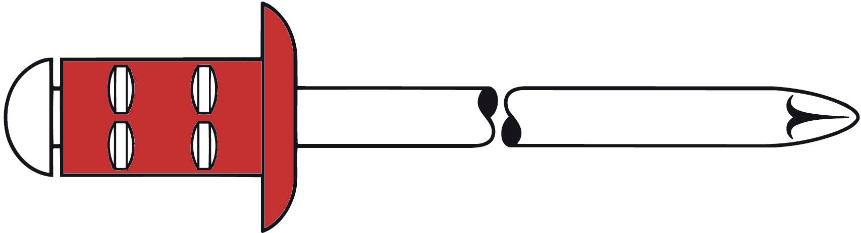 Illustration of a coach bolt with a red head, two flanges, and a long metal shaft passing through a plate on the left side.