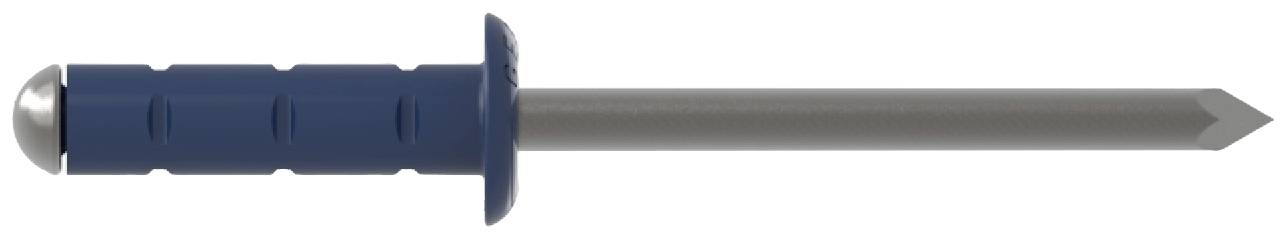 A blue plastic wall plug with a metallic nail is shown horizontally. It is commonly used for fixing items to walls.