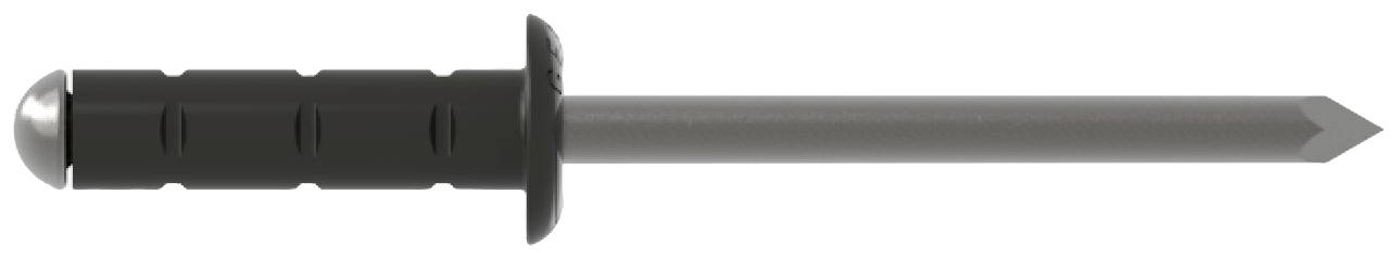 A black plastic wall plug with a metal nail. The plug has a ribbed design and the nail is pointed at one end.