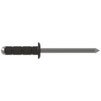 Black pop rivets with a round head and silver shaft, used for securely fastening materials in hard-to-reach areas.