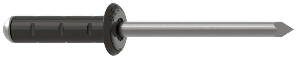 A grey percussion anchor with a black plastic handle and a pointed end, used for fixing into solid materials such as concrete.