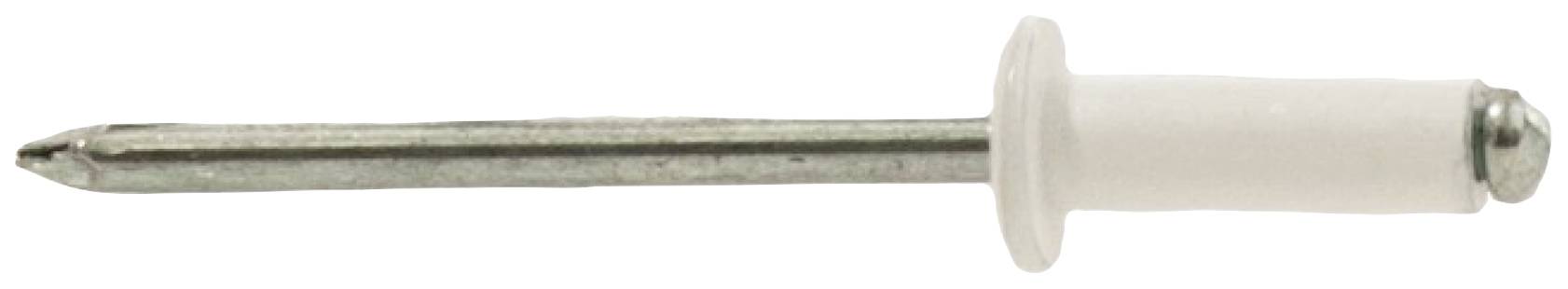 A silver blind rivet with a white head lies horizontally. Essential for connections where the reverse side is inaccessible.