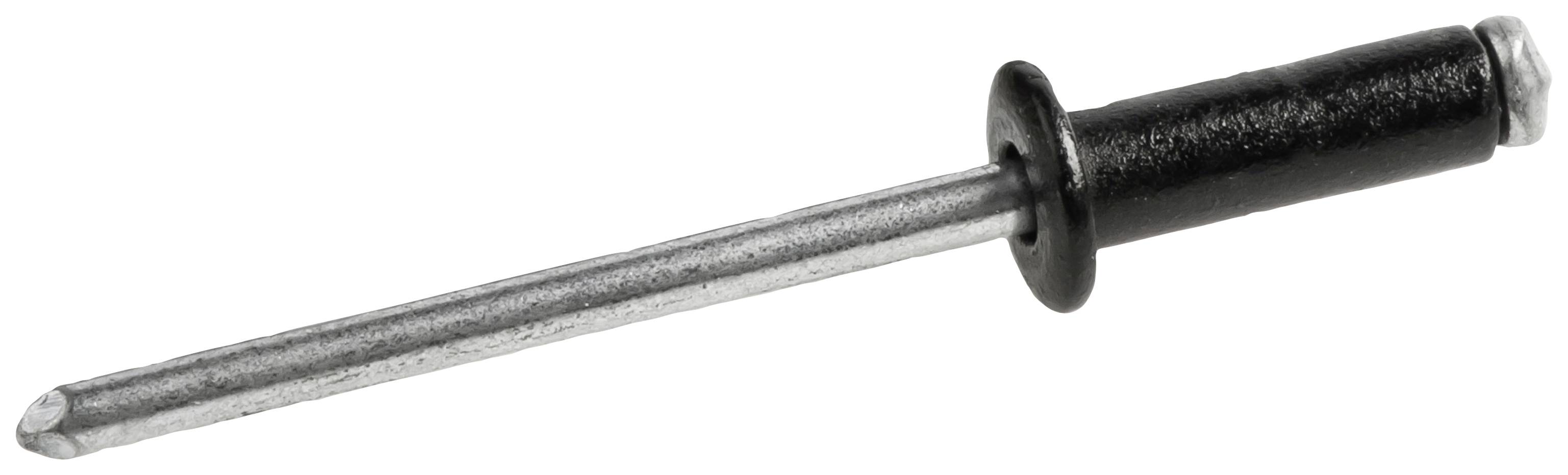A black and silver blind rivet, typically used for connecting metal parts.